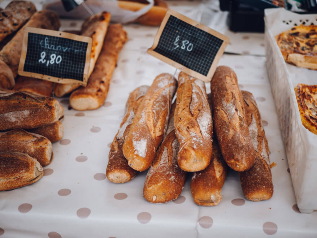 French baguettes in the food market in Carcassonne France