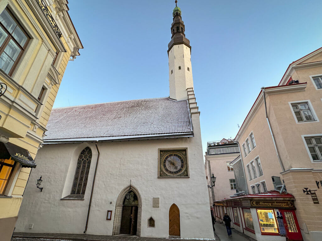 Exterior of the church of the holy spirit in Tallinn Estonia with snow on the roof