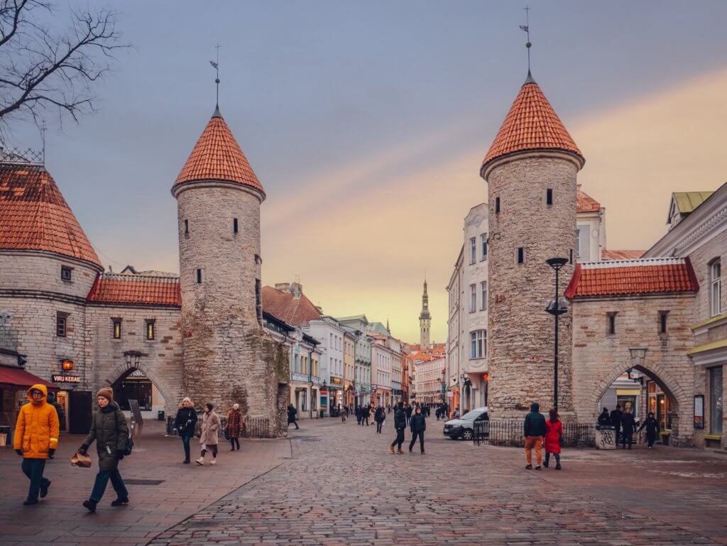 Viru Gate in Old Town Tallinn during sunset