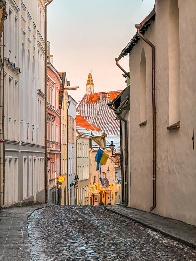 Pastel colour buildings in Tallinn at sunset