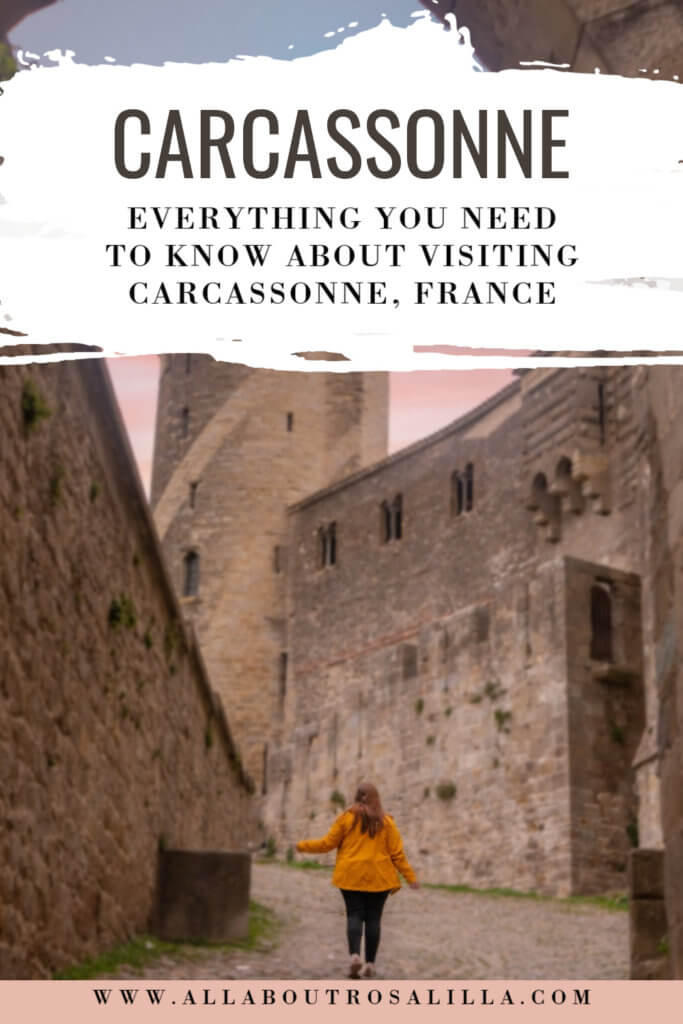 Woman walking in medieval Carcassonne with text overlay everything you need to know about visiting Carcassonne France