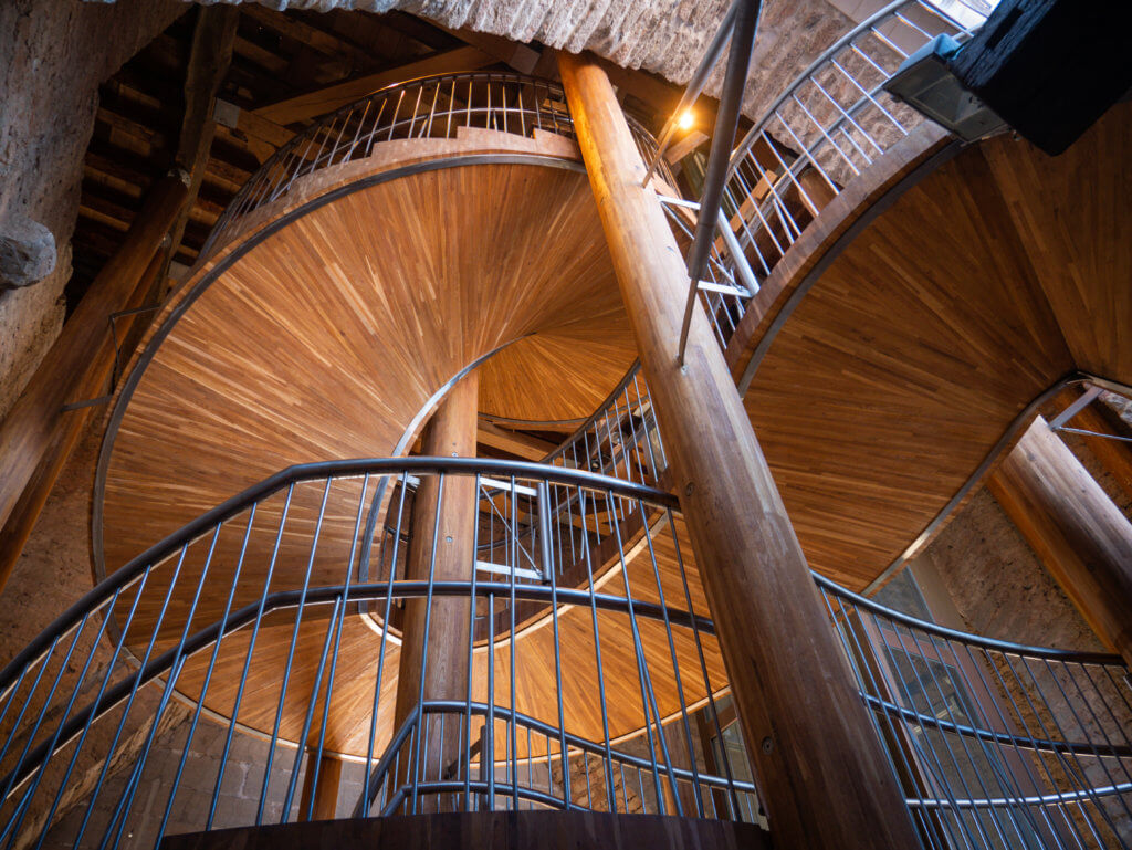 Wooden staircase in Santa Maria Cathedral in Vitoria Gasteiz Spain