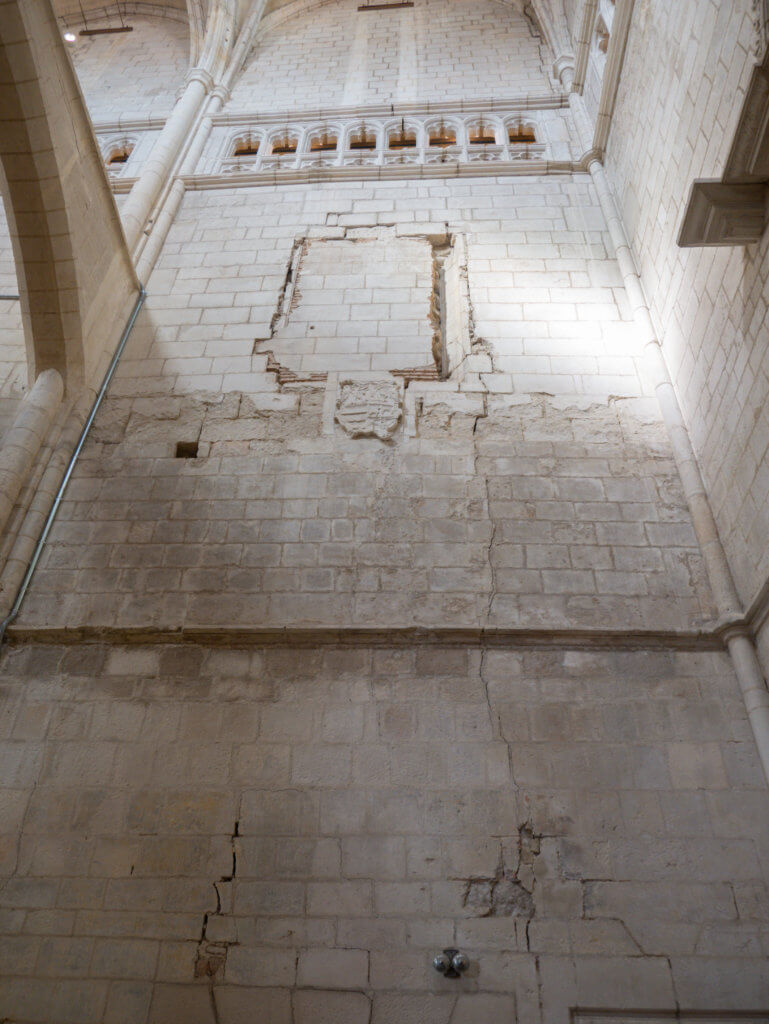 Cracks in the wall of Santa Maria Cathedral which is under restoration in Vitoria Gasteiz