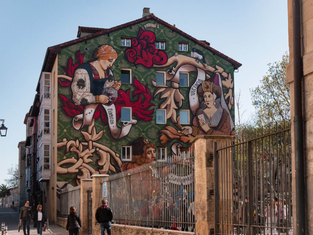 Colourful mural on the facade of a building in Vitoria Gasteiz
