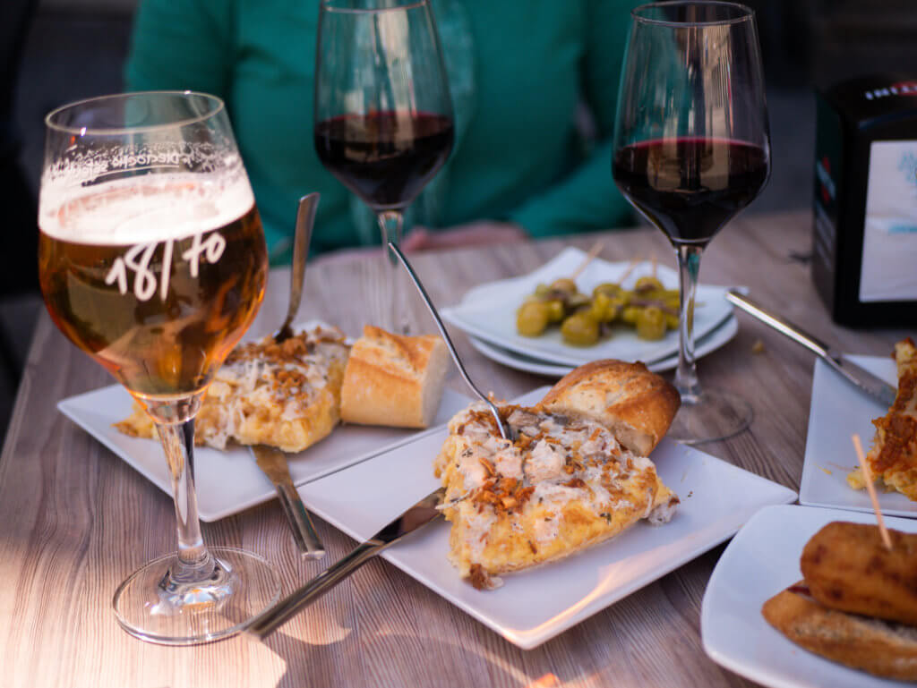 Table of beer, wine and pintxos in Vitoria Gasteiz Spain