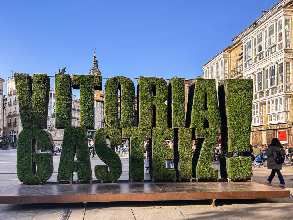 Vitoria-Gasteiz sign made from grass in Plaza de la Virgen Blanca