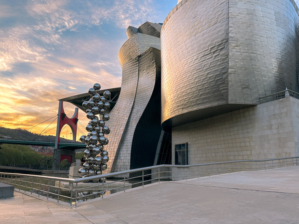 The historic city of Bilbao at sunset.