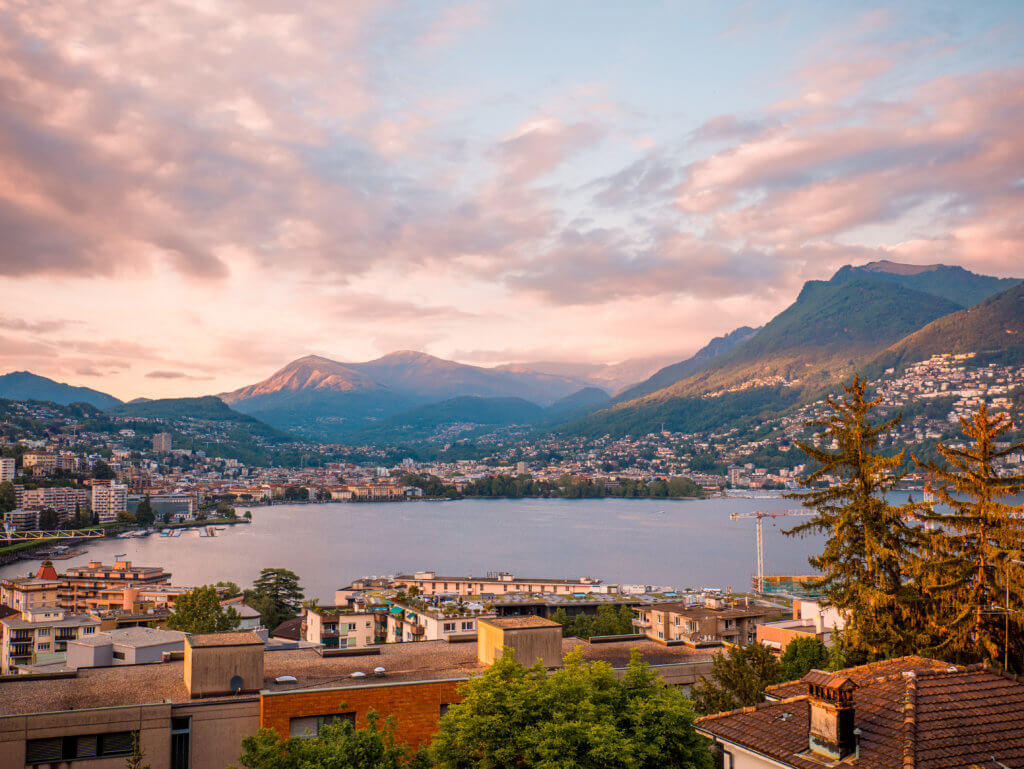Sunset view of Lugano in Switzerland