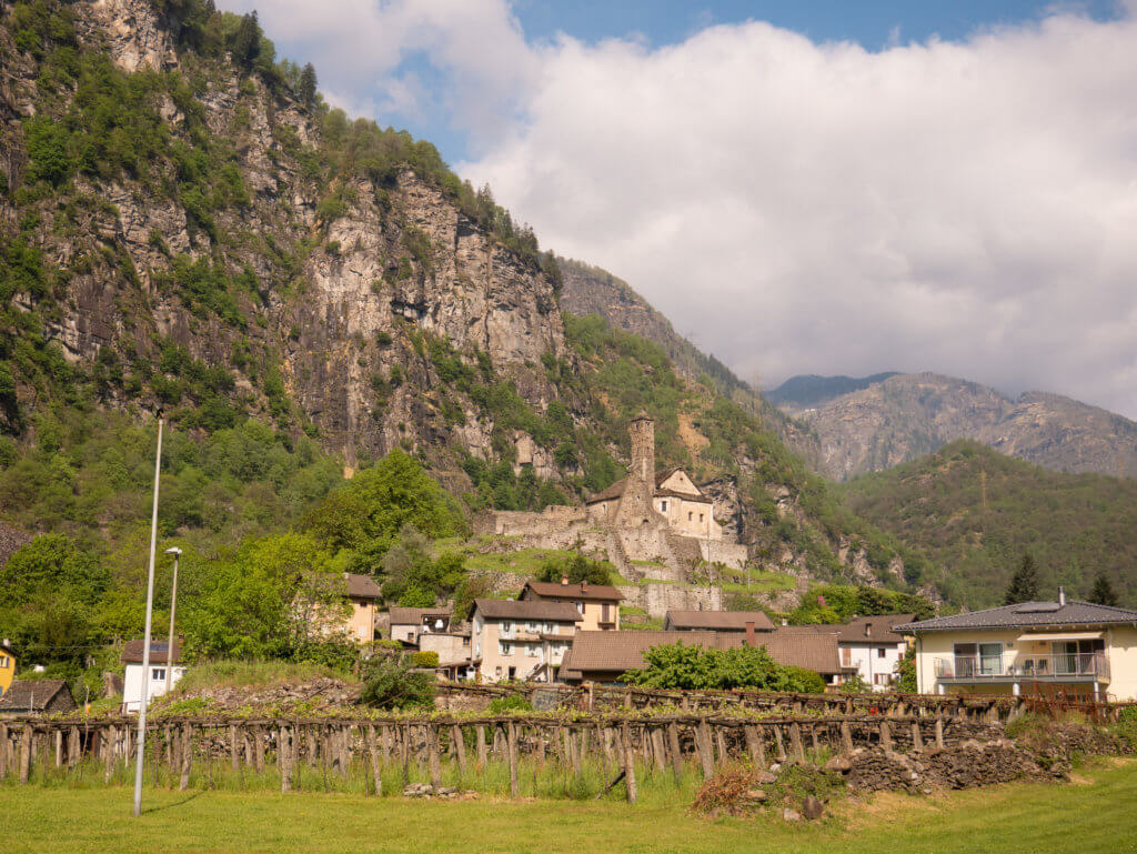 View of an old church from the Gotthard Panorama Express