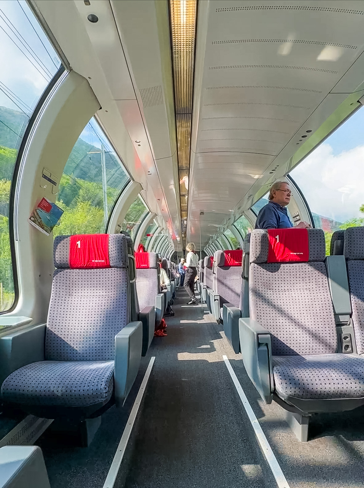 Interior of the 1st class cabin on the panoramic train Gotthard Panorama Express