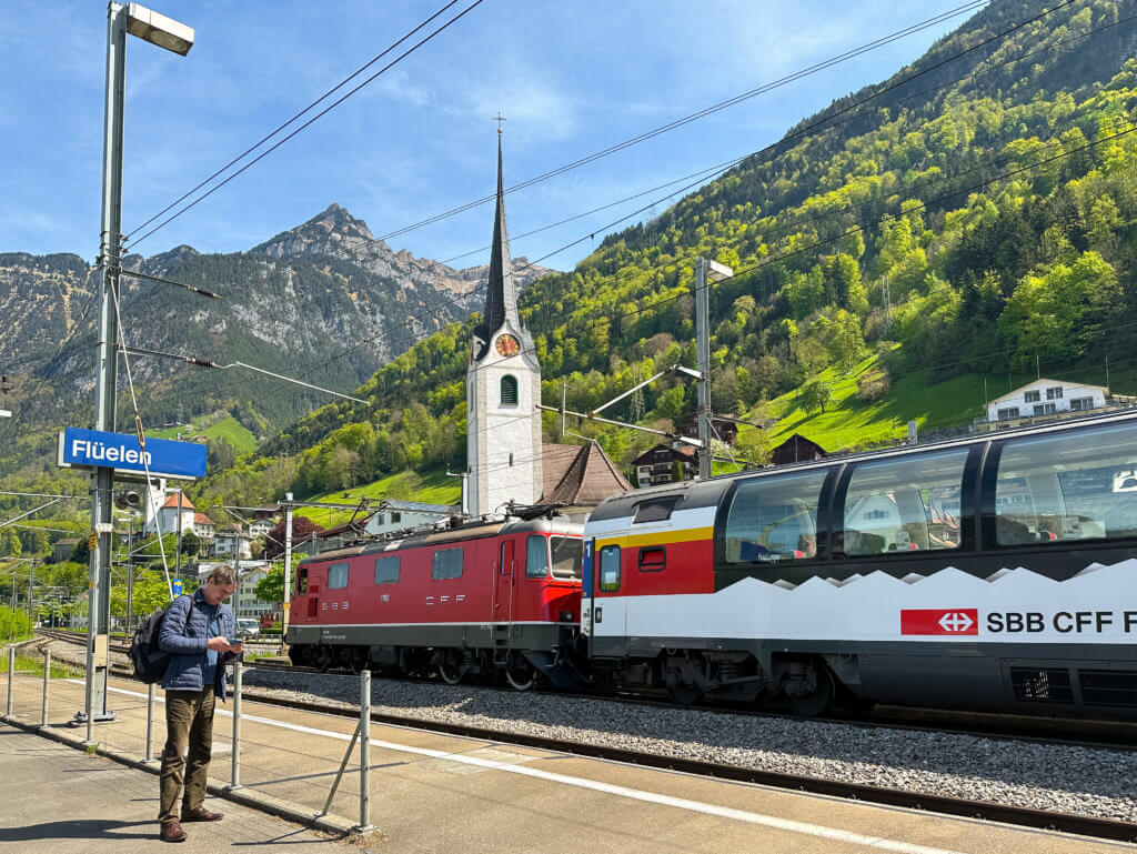 Gotthard Panorama Express stopped at the station in Fluelen