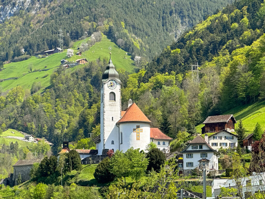 Beautiful church in the village of Fluelen in Switzerland