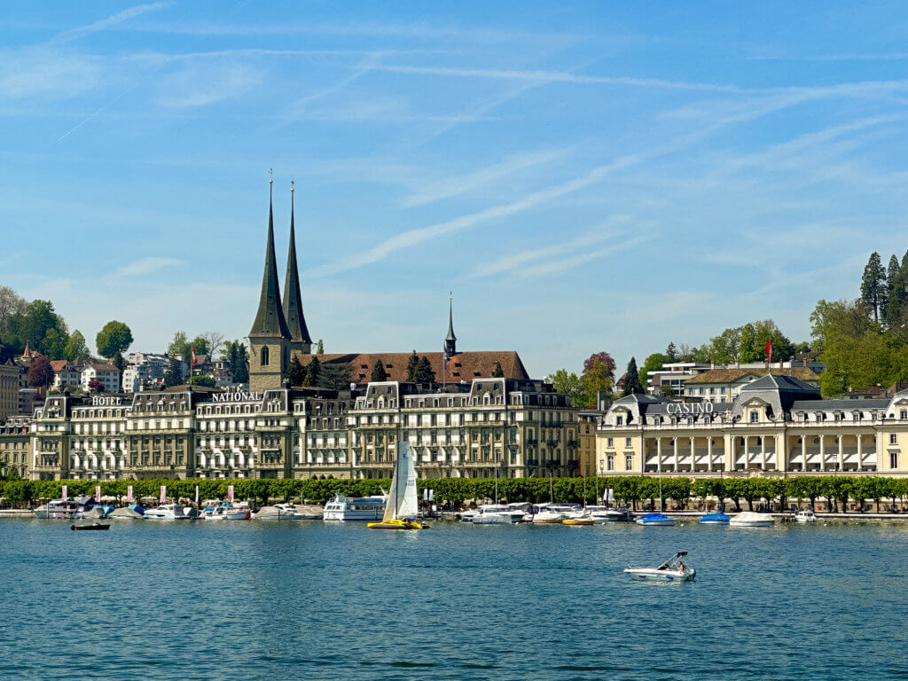 The city of Lucerne viewed from a boat belonging to the Gotthard Panorama Express