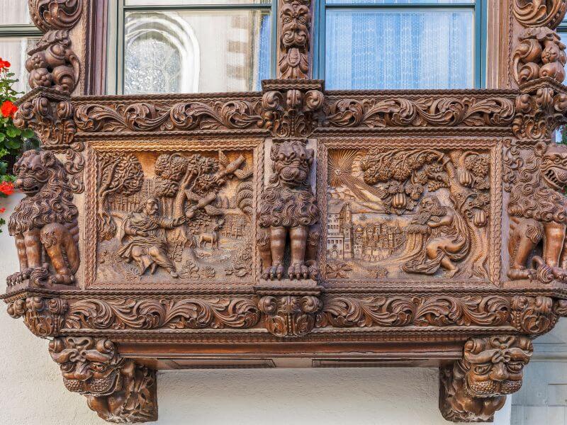 Ornate oriel windows in St. Gallen Switzerland