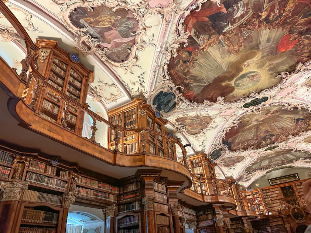 Fresco ceiling and wooden carvings at Abbey Library in St.Gallen Old Town