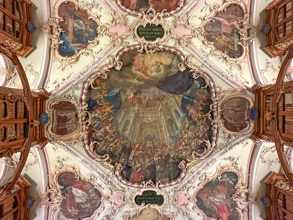 Colourful fresco ceiling in the Abbey Library in St. Gallen Old Town