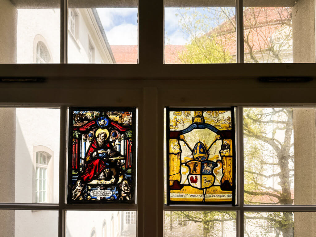 Stain glass window in the Abbey library in St. Gallen Switzerland