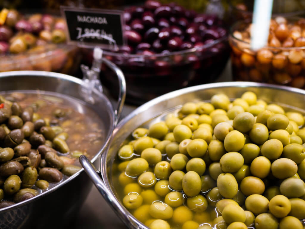 Olives for sale at La Ribera Market in Bilbao