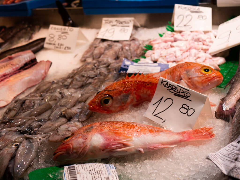 Fish for sale at La Ribera Market in Bilbao