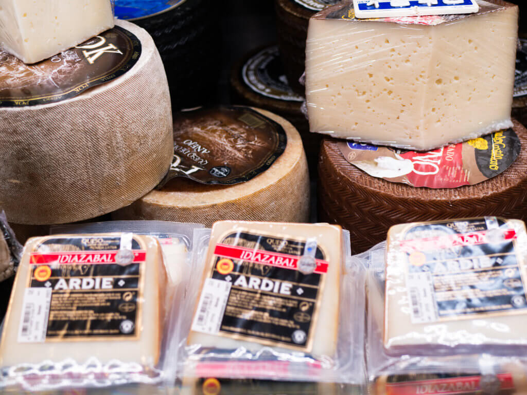 Cheese for sale at La Ribera Market in Bilbao