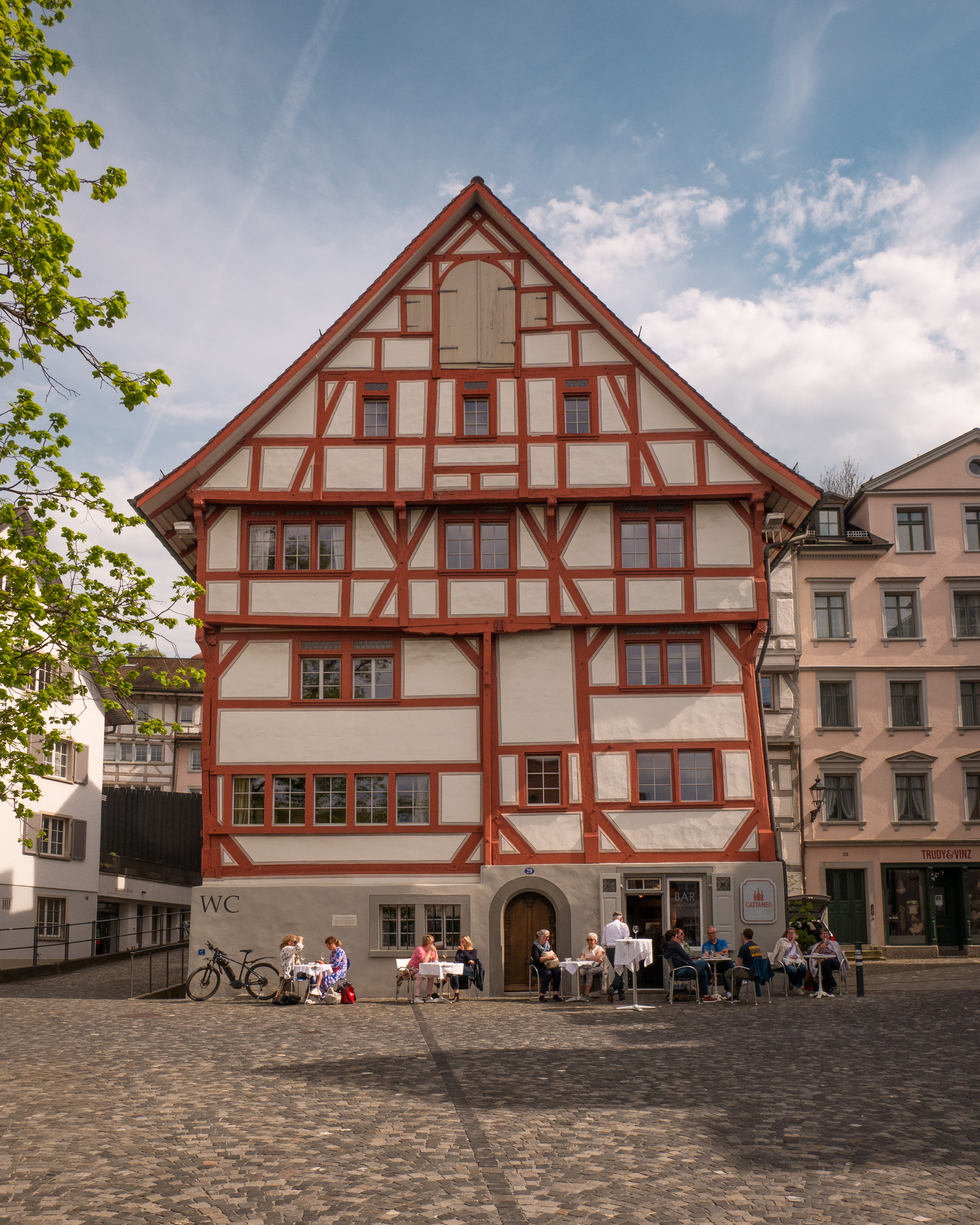 Red and white timber frame building in St. Gallen Old Town