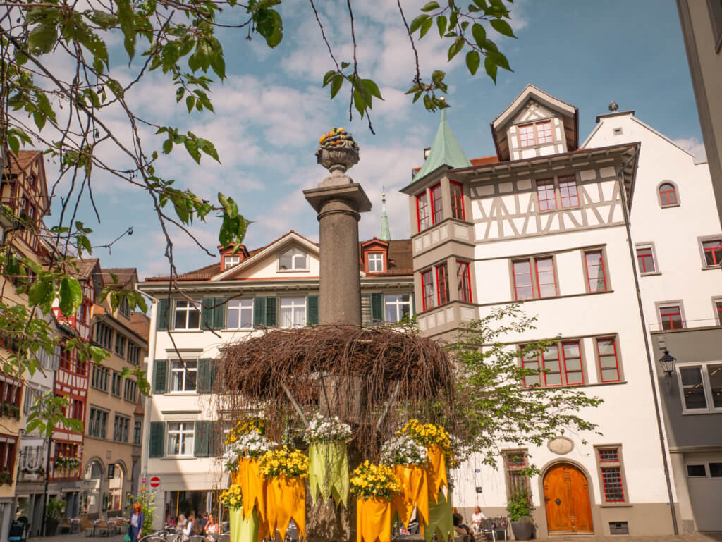 Water fountain decorated for spring in St. Gallen in Switzerland