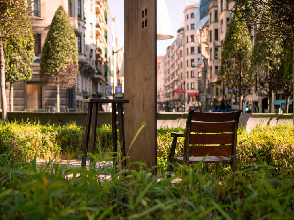 Table and chair in the garden of Azkuna Zentroa in Bilbao one of the best places to visit during one day in Bilbao