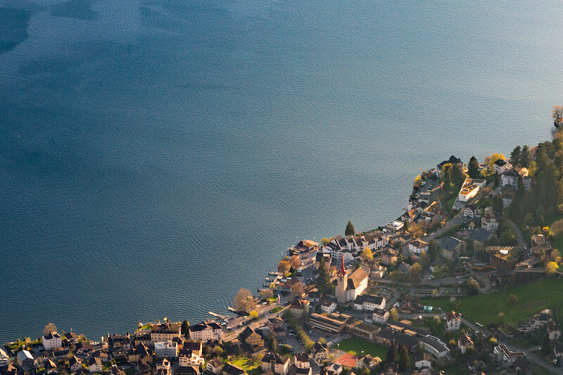 Aerial view of Weggis village on Lake Lucerne.