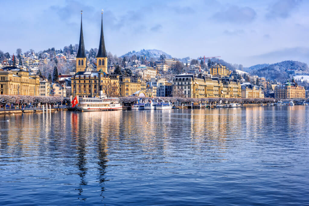 Lucernce city on Lake Lucerne on a cold winter day
