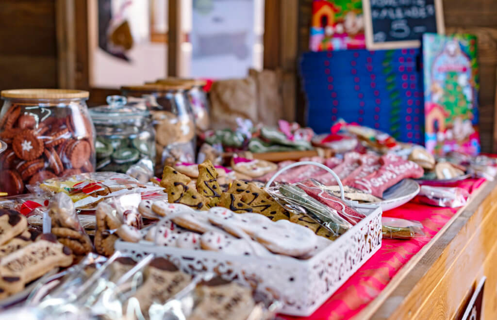 Traditional sweets and gingerbread cookies for sale at a stall in Lucerne Christmas Market