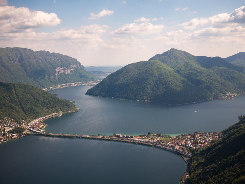 Aerial View of Lake Lugano and Italy from Monte San Salvatore