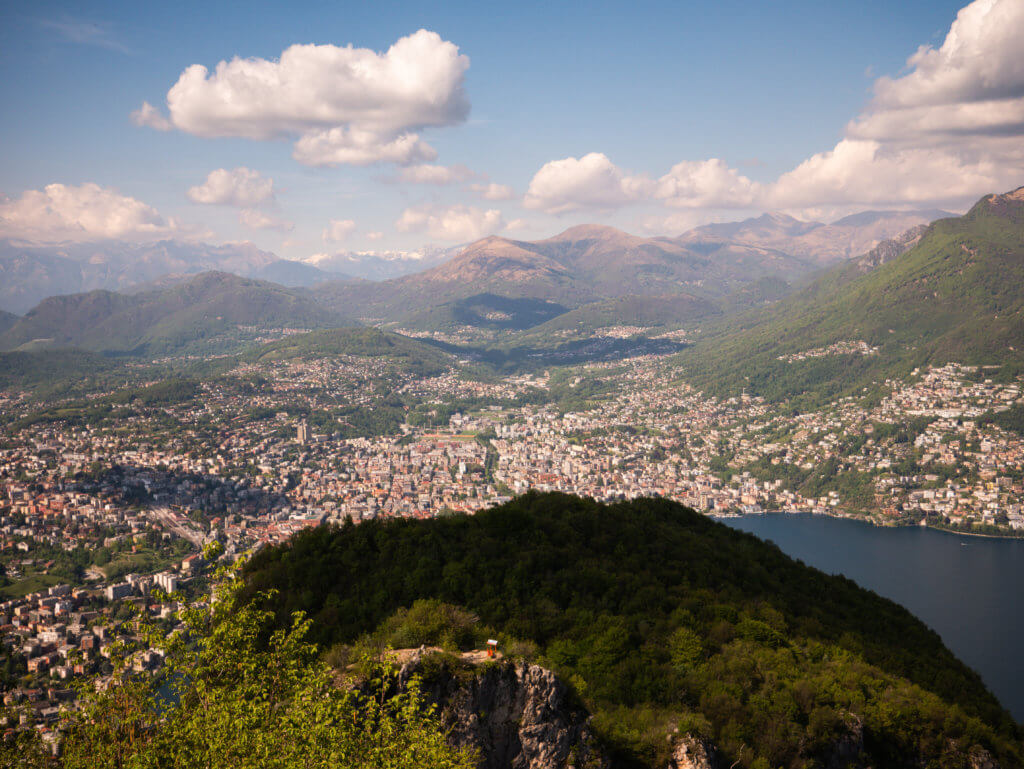Aerial view of Lugano from Monte San Salvatore one of the best things to do in Lugano Switzerland.