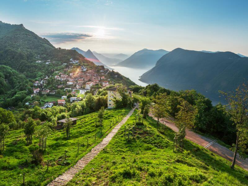 View of the villages around Lake Lugano from Monte Bre.