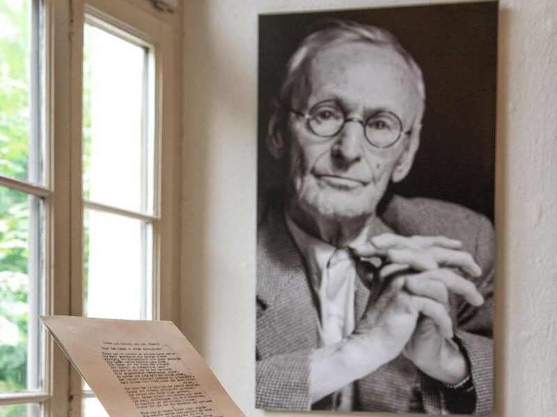 Photograph of Hermann Hesse Nobel laureate hangs on the wall at the Hesse Hermann Museum in Lugano Switzerland.