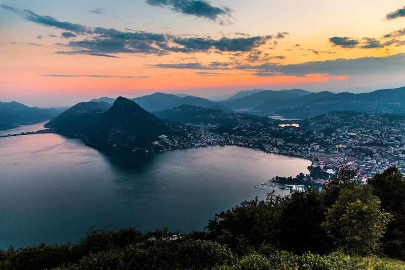 Aerial View of Lugano Switzerland at sunset.
