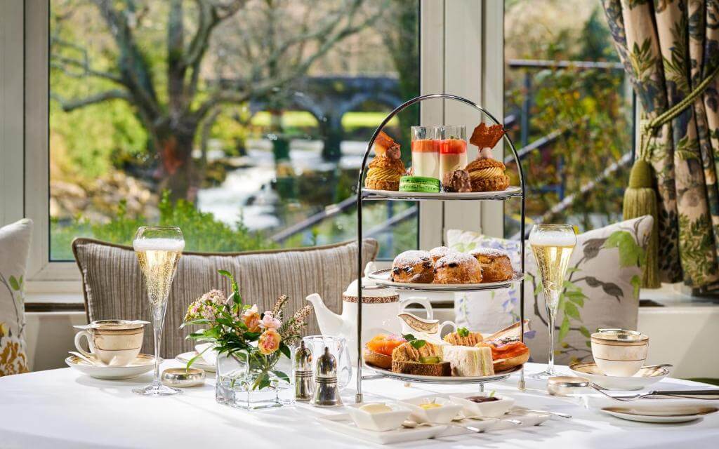 Sheen Falls Lodge's afternoon tea service, a delightful experience of indulgence and sophistication.
