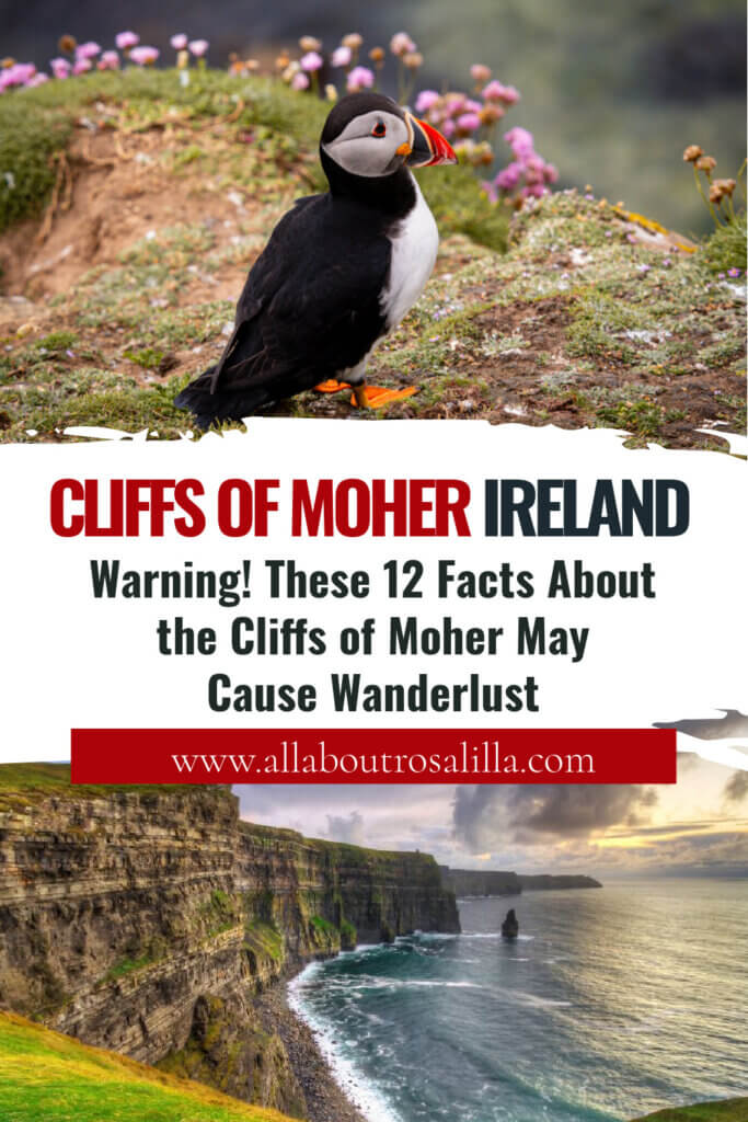 Image of a puffin at the Cliffs of Moher with text overlay: Cliffs of Moher, Ireland. Warning! These 12 Facts About the Cliffs of Moher May Cause Wanderlust - All About RosaLilla