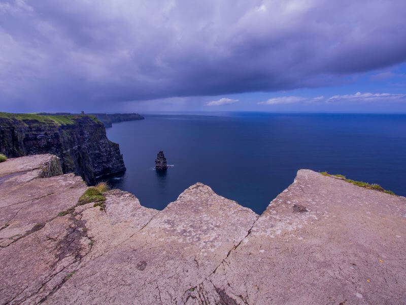 Panoramic seascape showcasing the vastness of the Atlantic Ocean from the Cliffs of Moher on a cloudy day.