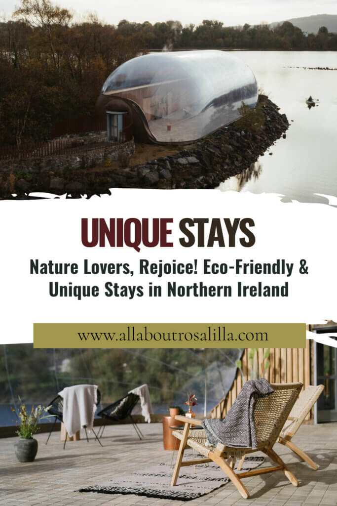 Images from Finn Lough with text overlay: Nature lovers, rejoice! Eco-friendly and unique stays in Northern Ireland.