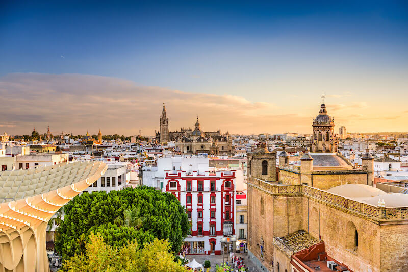 Breathtaking rooftop view of Seville at sunset.