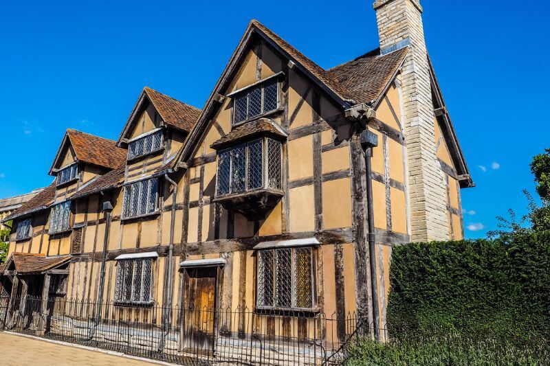 Iconic Tudor-style facades of Shakespeares birth house in Stratford-upon-Avon.