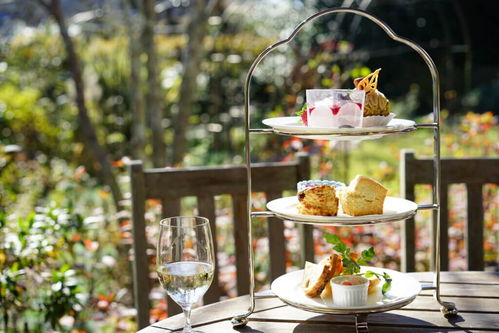 Afternoon tea in a terrace setting in the Cotswolds