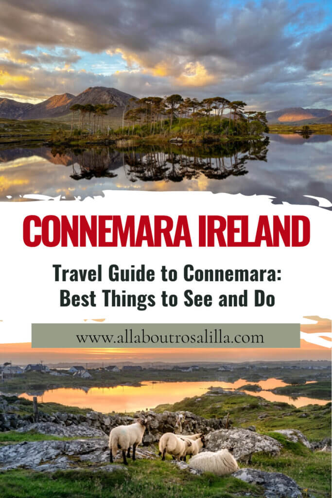 Images of Pine Island and sheep grazing in Connemara with text overlay Travel Guide to Connemara: Best Things to See and Do.