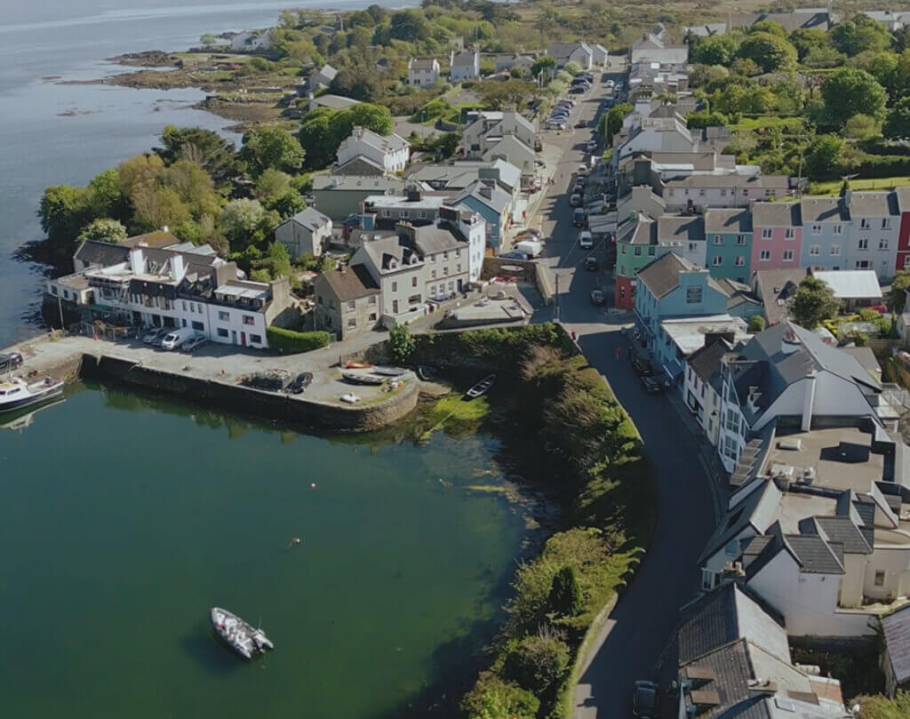 Aerial view of the colourful fishing village of Connemara, Roundstone.