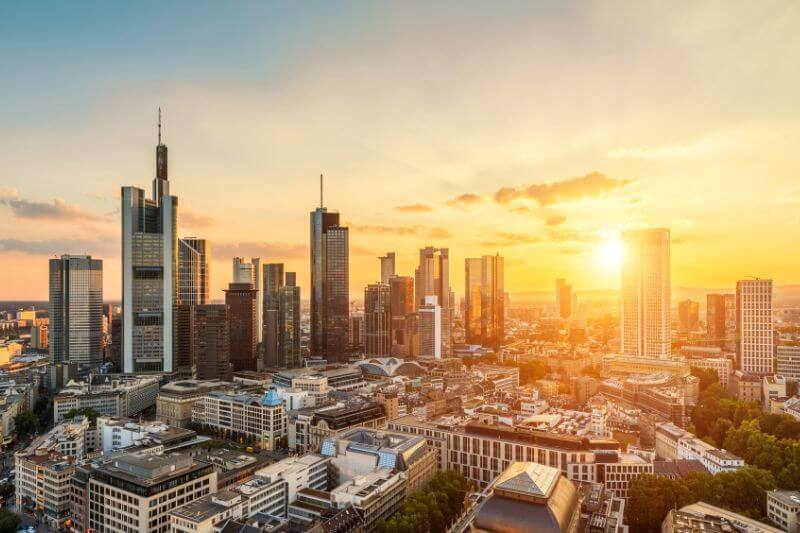 The skyline of Frankfurt city at sunset.