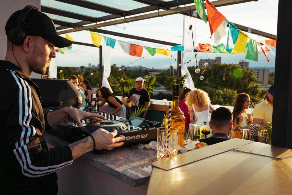 People partying at Blasky's rooftop terrace and bar with stunning views