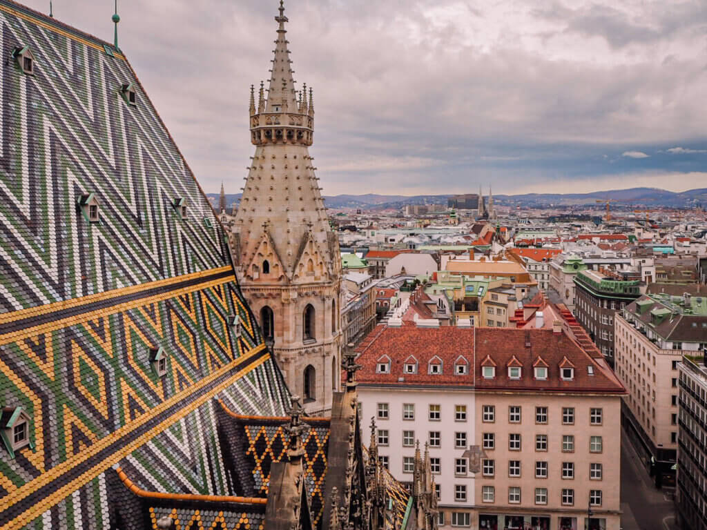 The mosaic-tiled rooftop of St. Stephen's Cathedral, one of the best places to visit during 3 days in Vienna.