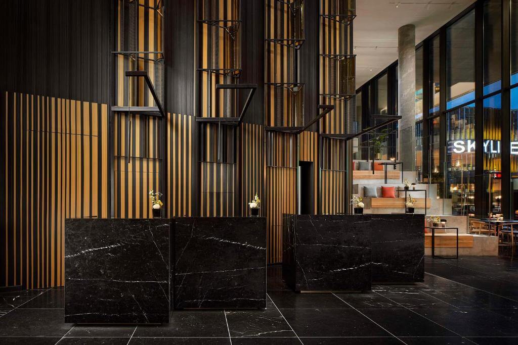 Striking and stylish lobby entrance to the Skyline bar at Hotel NH Collection Frankfurt City