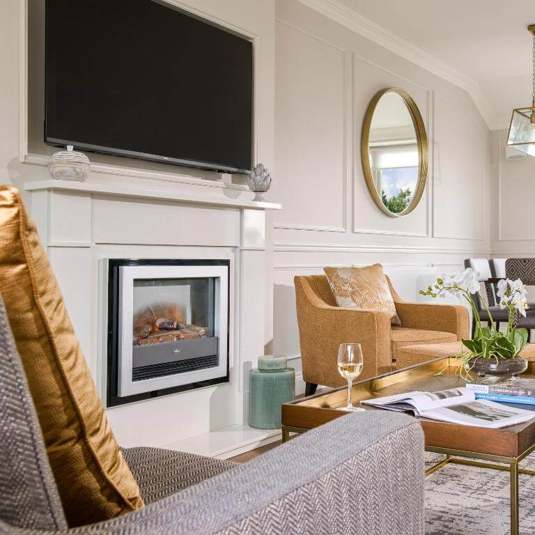 Stylish sitting room in the lodges at Glenlo Abbey Hotel.