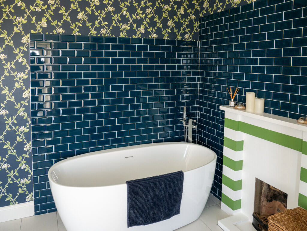 The bathroom in the Loop Head Lighthouse cottage, with modern amenities and coastal touches.